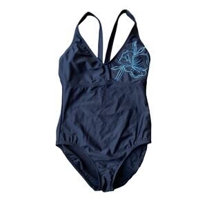 Speedo One Piece Swimsuit Women Sz 8 Black Embroidered Flower Padded Lined